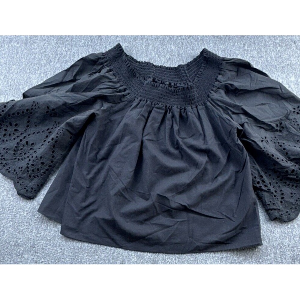Whimsy + Row Shirt Womens Small Black Off Shoulder Embroidered Eyelet Blouse